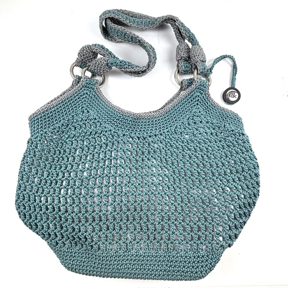 The Sak Crochet Hobo Bag Women Medium Teal Grey Boho Knit Shoulder Bag Boho